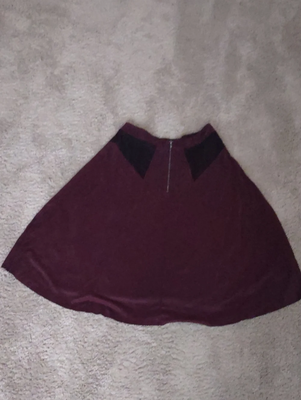 A Line Skirt, Maroon with black at hips and patterned inset. Small.